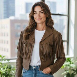 Vintage Western Leather Fringe Cropped Jacket Sz L Biker Motorcycle Casual Retro